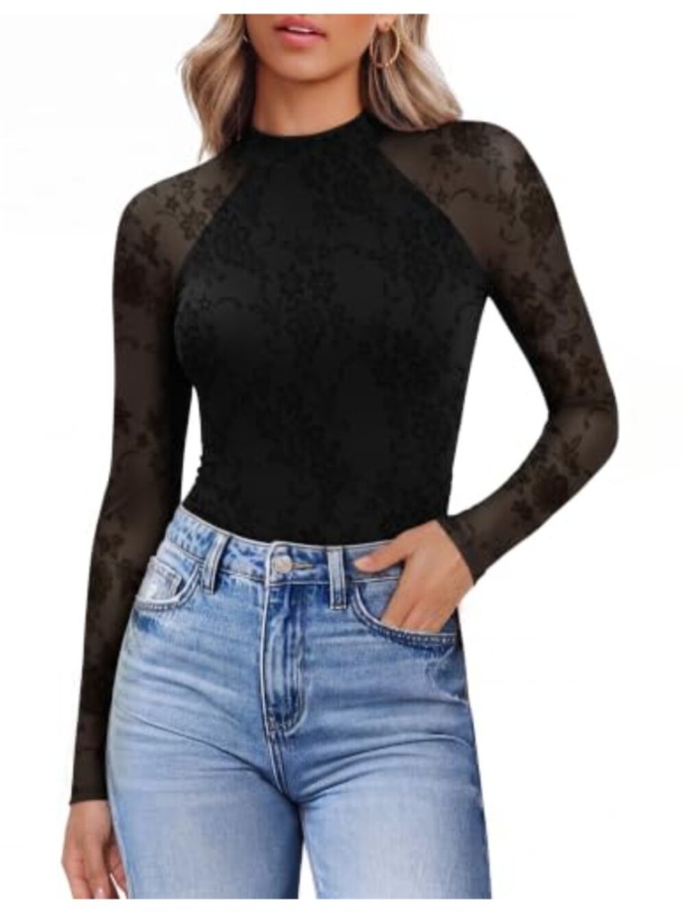 Women's Sheer Mesh Long Sleeve Mock Turtleneck Lace Top Sexy Going Out Tee